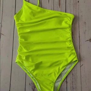 SHEIN Neon Lime Ruched One Shoulder Swim suit—one piece